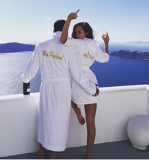 Just married husband and wife robe "when you wake up your wife the day after" Xenia Deli, Honeymoon Outfits, Santorini Wedding, Greece Wedding, Two People, Cute Couples Goals, Couple Pictures, Wedding Bells, Future Wedding