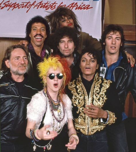 Michael Jackson, Cyndi Lauper, Willie Nelson, Lionel Richie, Tina Turner, Bruce Springsteen, and Bob Dylan photographed together during the recording session of “We Are the World” in Los Angeles, ca. January 28, 1985 Dylan Bruce, Harry Benson, Life Magazine Covers, 80s Celebrities, Kenny Loggins, 40 Birthday, Harry Belafonte, Amazing Music, Joseph Jackson