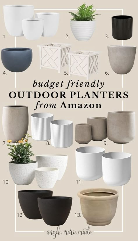 budget friendly outdoor planters from amazon Winter Porch Pots, Porch Planter Ideas, Front Porch Flower Pots, Modern Front Porches, Front Door Planters, Porch Pots, Front Porch Plants, Winter Planters, Front Porch Flowers