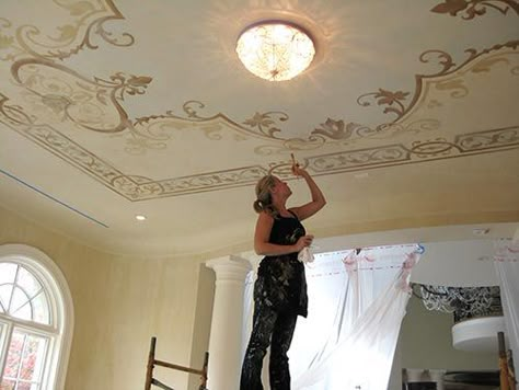 OH WOW....LOVE THIS SITE. INSPIRATION...MOTIVATION...SOURCE...A SEE TO BELIEVE SITE WITH TONS.....OF IDEAS. ....Maggie-O'Neill-Modello-Vinyl-Stencil-Ceiling Downton Abbey Fashion, Ceiling Murals, Ceiling Art, Casa Country, Basement Ceiling, Ceiling Detail, Ceiling Treatments, Faux Painting, Room Deco