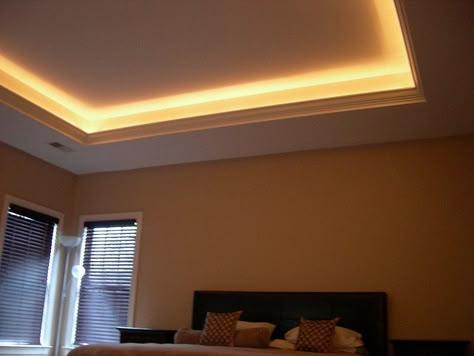 Lighted Tray Ceiling - one in the bedroom, one in the living room. How To Add A Tray Ceiling, Tray Ceiling Lighting Bedroom, Tray Ceiling With Lights, Trayed Ceiling Ideas, Tray Ceiling Lighting Ideas, Lighted Tray Ceiling, Tray Ceiling Lighting, Bedroom Tray Ceiling, Tray Ceiling Bedroom