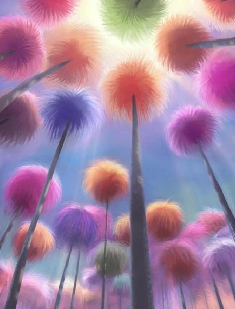 Truffula Tree Forest from The Lorax The Lorax Background, Lorax Backgrounds, Onceler Background, Dr Suess Aesthetic, The Lorax Art, The Lorax Trees, Lorax Truffula Trees, Truffala Trees, Lorax Trees