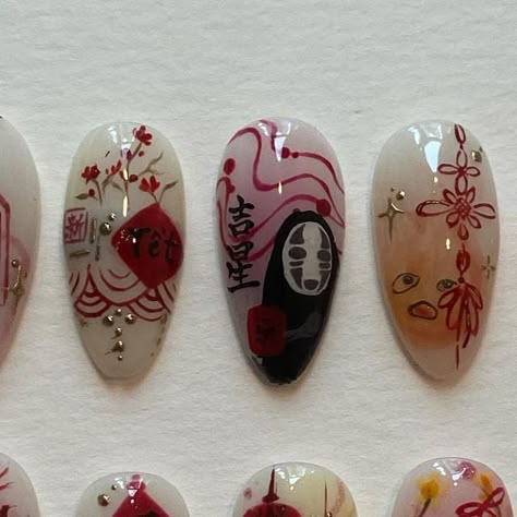 press on nails • nail design art on Instagram: "custom set ; studio ghibli x cny all hand drawn and hand written 😛😛" Ghibli Studio Nails, Totoro Nails Studio Ghibli, Chihiro Nails, Studio Ghibli Inspired Nails, No Face Nails, Nail Art Drawing, Cny Nails, Ghibli Nail Art, Hand Drawn Nail Art