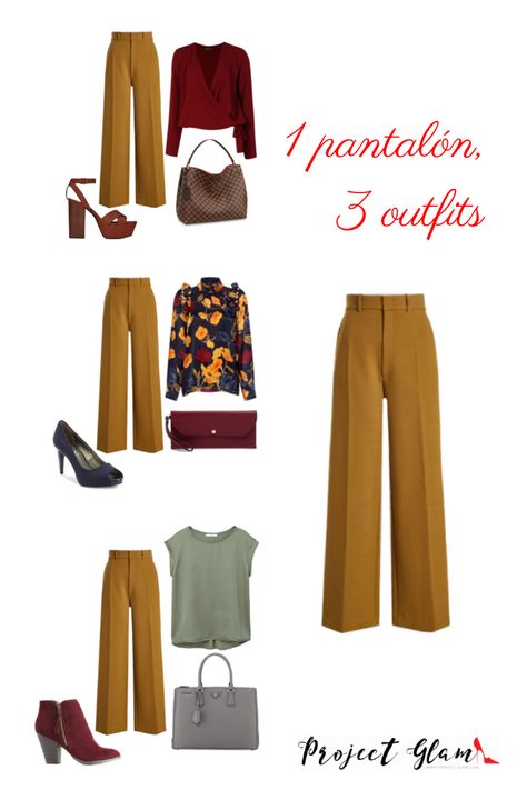 1 pantalón, 3 outfits Mustard Pants Outfit Work, Mustard Outfits For Women, Pantalon Camel Outfits Mujer, Camel Pants Outfit, Wide Leg Pants Outfit Work, Yellow Pants Outfit, Inverted Triangle Fashion, Camel Outfit, Capsule Wardrobe Women