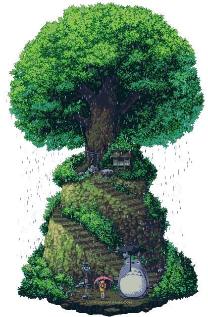 Tonari no Totoro Totoro Tree Scene, Beautiful Pixel Art, Pixel Art Ghibli, Pixel Art Illustration, Totoro Tree, Studio Ghibli Pixel Art, Totoro Gif, Ghibli Pixel Art, Pixel Art Tree