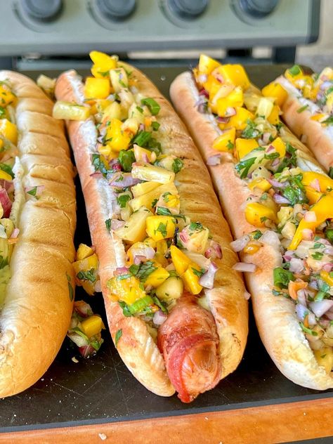 Loaded Bacon Wrapped Footlong Hot Dogs | Loaded Bacon Wrapped Footlong Hot Dogs | By Grillnation Footlong Hotdogs, Mini Hot Dog Recipes, Mango Habanero Salsa, Hot Dog Recipe, Bacon Wrapped Hotdogs, Mini Hot Dogs, Habanero Salsa, Food Van, Cheesy Chicken Broccoli