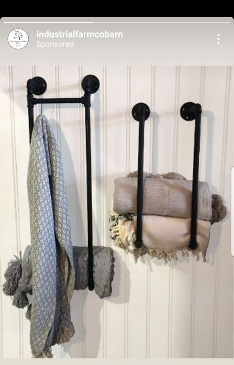 Blanket Holder Ideas Living Rooms, Rustic Fireplace Mantle, Make Your Own Blanket, Blanket Holder, Blanket Rack, Blanket On Wall, Pipe Rack, Wall Mounted Towel Holder, Metal Shelf Brackets