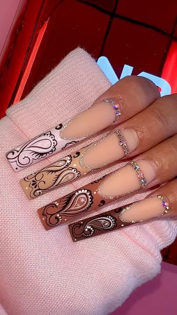 Notpolish-Thao on Instagram: "M20-Velvet Teddy, disco liner gel, matte if topcoat and non curve coffin tips from @notpolish_nails 🤎🤎 🤎 💖 🌻 #notpolish#nailart #nailsoftheday #nails2inspire #calinails#sdnails#sdnailartist#nailstagram#nails2inspire #nail #nails #longnails #nailswag#nailporn #nailpolish #nails2inspire #nailmagazine#nailpromagazine #nailsofig #nailsonfleek#nailsonpoint #nailedit #photooftheday #photography#handpaint" Paisley Nails, Paisley Nail Art, Notpolish Nails, Coffin Tips, Bandana Nails, Nails Inspiration Pink, Western Nails, Green Acrylic Nails, Duck Nails