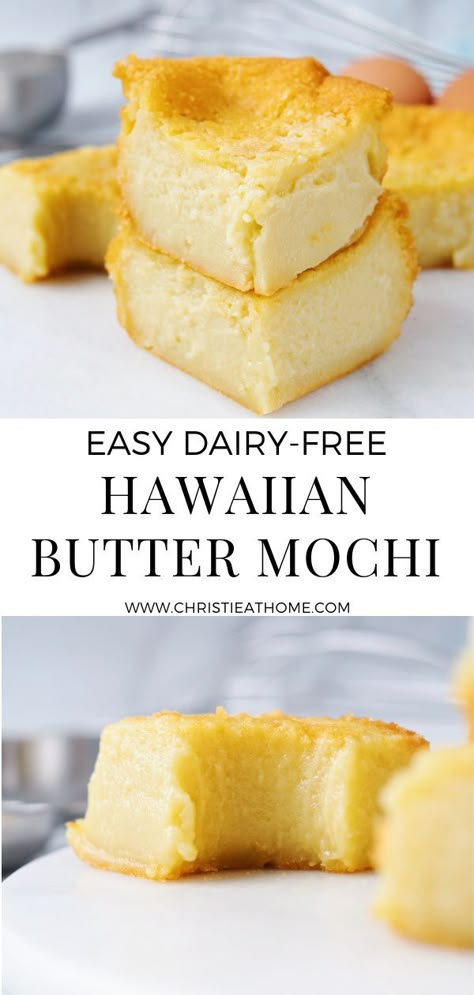 Hawaiian Butter Mochi. A soft, chewy, delicious and dairy-free mochi bar made of glutinous rice flour. A popular dessert that originates from Hawaii and is totally addictive! Very easy to make. #dessert #treat #bakedgood #asiandessert #desserts #dessertrecipe #buttermochi #mochi #mochirecipe #dairyfreedessert #dairyfree Vegan Hawaiian Butter Mochi, Dairy Free Mochi, Mochi Rice Flour Recipes, Mochi Flour Recipes Baking, Rice Flour Desserts Vegan, Butter Coconut Mochi, Gluten Free Chinese Desserts, Pandan Butter Mochi, Easy Butter Mochi Recipe