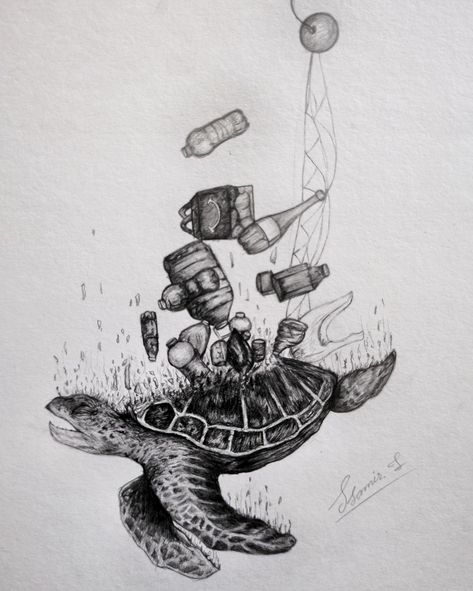 Animals Affected By Pollution, Turtle Stuck In Plastic Drawing, Ocean Pollution Drawing, Wildlife Conservation Drawing, Sea Pollution Art, Pollution Sketch, Water Pollution Art, Endangered Animals Art, Water Pollution Drawing