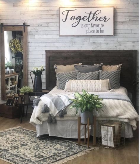 Grey And Black Farmhouse Bedroom, Modern Farmhouse Bedroom Master Suite Dark Furniture, Rustic Bedroom Decor Farmhouse, Farmhouse Bedroom Flooring Ideas, Shiplap Bedroom Accent Wall, Rustic Master Bedrooms Decor, Farmhouse Master Bedrooms Decor, Facial Room Ideas, Rustic Grey Bedroom