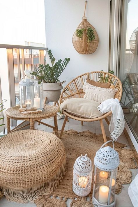 Rattan Apartment Decor, Beach Balcony Aesthetic, Boho Balcony Ideas Bohemian Style, Cute Boho Apartment Ideas, Boho Small Apartment, Cali Apartment, Balcony Tables, Sf House, Boho Seating