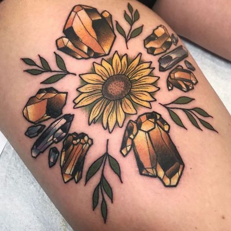 Crystal Mandala, Crystal Tattoo, Sunflower Tattoos, Flower Crystal, Dope Tattoos, Citrine Crystal, Be Cool, I Have Done, Smokey Quartz