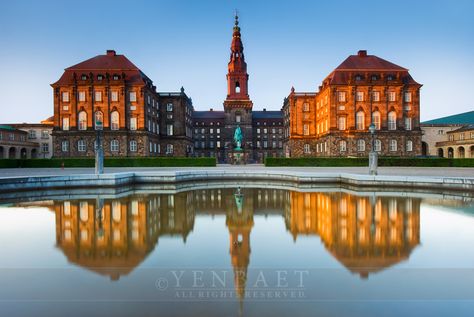 Copenhagen - Reflections of Christiansborg Palace at Dusk Christiansborg Slot, Danish Castles, Denmark Castles, Baltic Sea Cruise, Country Architecture, Christiansborg Palace, Castle Island, Denmark Copenhagen, Scandinavian Countries