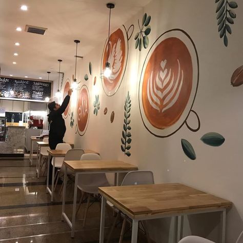 Wallpaper For Cafe Shop, Coffee Shop Wall Mural Ideas, Cafe Wall Murals Coffee Shop, Coffee Bar Mural, Cafe Painting Wall, Coffee Shop Mural Wall, Coffee Mural Wall, Coffee Shop Mural Ideas, Cafe Mural Ideas Coffee Shop