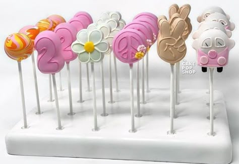 Peace Sign Cake Pops, Groovy One First Birthday Cake Pops, Groovy Birthday Desserts, Two Groovy Birthday Cake Pops, Two Groovy Birthday Treats, Groovy Birthday Cake Pops, Groovy Cake Pop Ideas, Groovy Cakepops, Two Groovy Treats