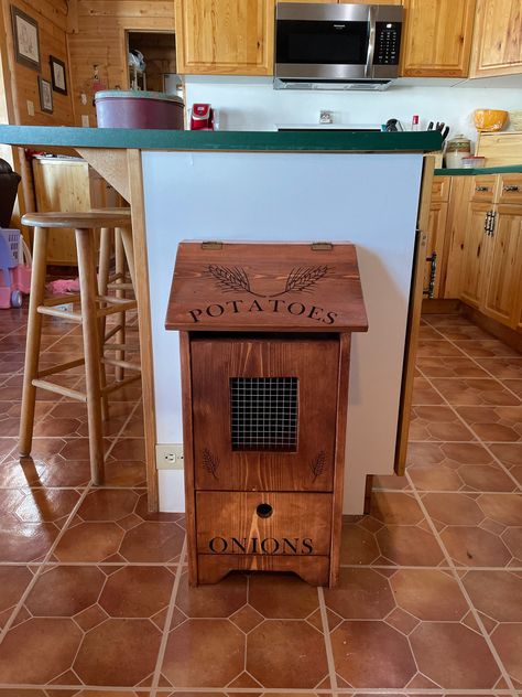 Wheat Stem Potato Box - Mother’s Day Gift- Home Decor- Kitchen Decor by LDLCabin on Etsy Potato Box Storage, Potato Bin Diy, Potato Bins, Potato And Onion Storage, American Walnut Stain, Potato Box, Potato Bin, Wooden Bins, Onion Storage