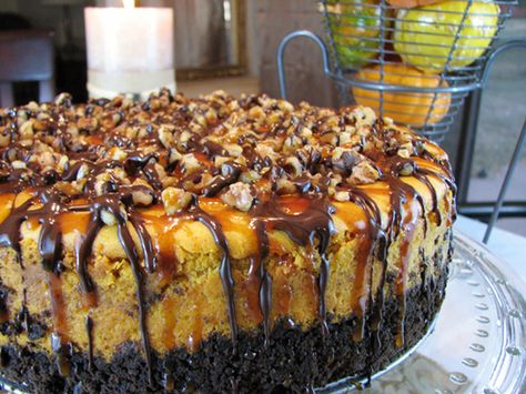 Quite possibly the perfect fall dessert, this Turtle Pumpkin Cheesecake is completely decadent, smooth and creamy beyond belief. I dare you to take just one bite! Turtle Pumpkin, Turtle Cheesecake, Pumpkin Cheesecake Recipes, Pumpkin Recipes Dessert, Pumpkin Dessert, Cheesecake Recipe, Pumpkin Cheesecake, Yummy Sweets, Savoury Cake