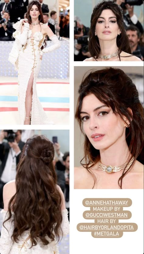 Anne Hathaway Hair Met Gala, Anne Hathaway Hair 2023, Ann Hathaway Hairstyles, Ann Hathaway Hair Color, Anne Hathaway Hairstyles, Anne Hathaway Red Hair, Priscilla Presley Wedding Hair, Anna Hathaway Outfit, Anne Hathaway Style 2023