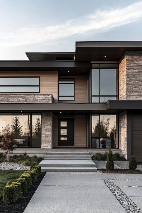 Modern House Materials, Stone Accent House Exterior, House Palette Exterior, Flat House Design Exterior, Modern House Flat Roof, Modern House Exterior Lighting, Roof Design Ideas Modern, House Exterior Mid Century, House Exterior Ranch