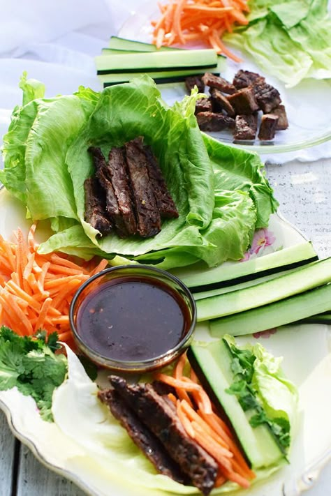 Steak Lettuce Wraps, Asian Flank Steak, Homemade Dipping Sauce, Asian Treats, Steak Dinner Sides, Fresh Recipe, Beef Flank Steak, Beef Flank, Comfort Pasta