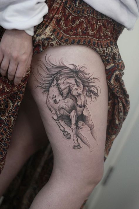 Spirit Horse Tattoo, Tatooes Ideas, Archer Tattoo, Pegasus Tattoo, Western Tattoo, Hip Tattoo Designs, Running Tattoo, 47 Ronin, Horse Tattoo Design