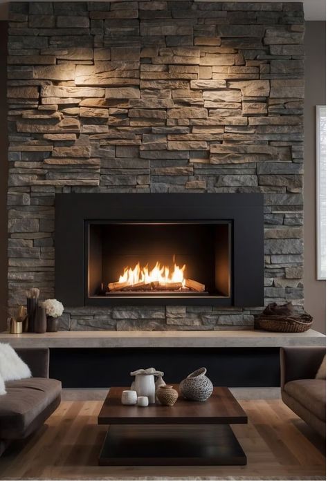 Fireplace Stone Wall Ideas, Fireplace Accent Wall Ideas, Wood Fireplace Surround, Modern Gas Fireplace, Fireplace Accent Wall, Stone Veneer Fireplace, Wood Fireplace Surrounds, Reclaimed Wood Fireplace, Fireplace Accent Walls