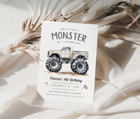 Editable Monster Truck Birthday Invitation, Monster Truck Invite, Grey Monster Truck Party Invite, Boys Birthday Party Invite, Evite, BD199 - Etsy Panama Monster Truck Birthday Party, Monster Jam Birthday, Monster Truck Theme, Truck Birthday Party, Boys Birthday Party, Monster Truck Party, Monster Trucks Birthday Party, Truck Birthday, Monster Truck Birthday