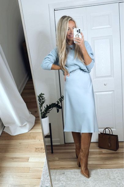 Light Blue Satin Skirt, Blue Satin Skirt Outfit Winter, Light Blue Satin Skirt Outfit, Light Blue Christmas Outfit, Blue Slip Skirt Outfit, Blue Sweater And Skirt Outfit, Light Blue Dress Pants Outfit, Light Blue Winter Outfit, Light Blue Sweater Outfit Winter