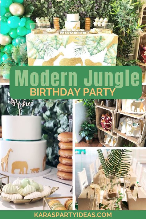 Cute Jungle theme ideas for party!    #party #kidsparty  #jungle     Modern Jungle Birthday Party via Kara's Party Ideas - KarasPartyIdeas.com Diy Animal Birthday Decorations, Boho Jungle Birthday Party, Jungle Party Food Ideas Safari Theme, Modern Safari Birthday Party, Jungle Theme Party Decorations, Upsherin Party Ideas, Diy Safari Themed Birthday Party, Wild Party Theme, Jungle Theme 1st Birthday Party