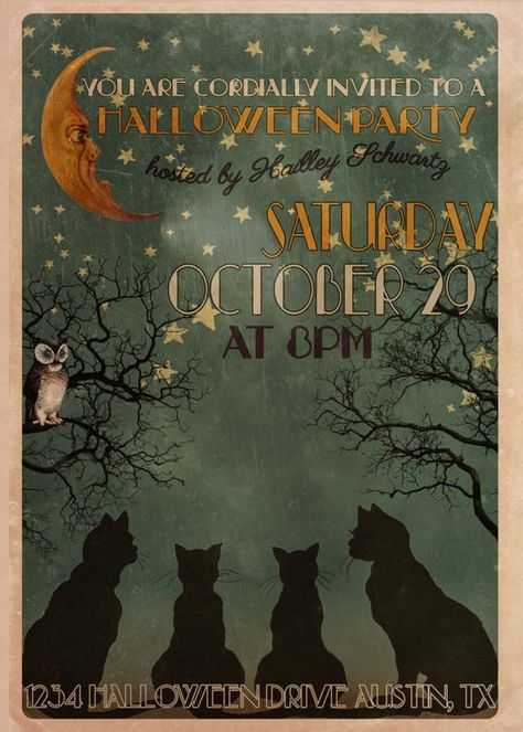 Free Halloween Invitations, Vintage Halloween Invitations, Halloween Resin, Vintage Halloween Cards, Vintage Halloween Party, Promo Flyer, Vintage Cats, Halloween Invitation, Paint Night