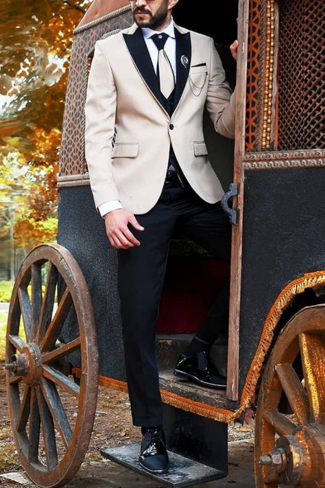 Cream Suit Black Pants Men, Cream And Black Tuxedo Men, Cream And Black Suit, Cream Suit Men Wedding, Cream Suit Men, Beige Tuxedo, Tuxedo For Wedding, Tuxedo Ideas, Hoco 2022