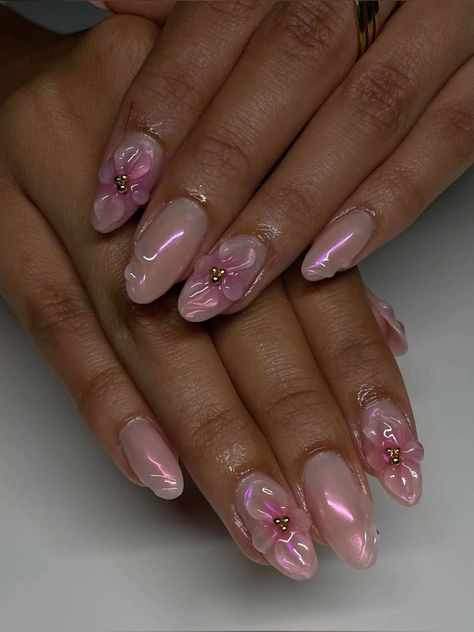 Pink Chrome With Design, Pink Chrome Flower Nails, Chrome And Flower Nails, Gel X 3d Nails, Pink Chrome Nails With Design, Gel X Chrome Nails, Baby Pink Nails With Design Art Ideas, 3d Nails Flowers, Pink Flower Nails Acrylic