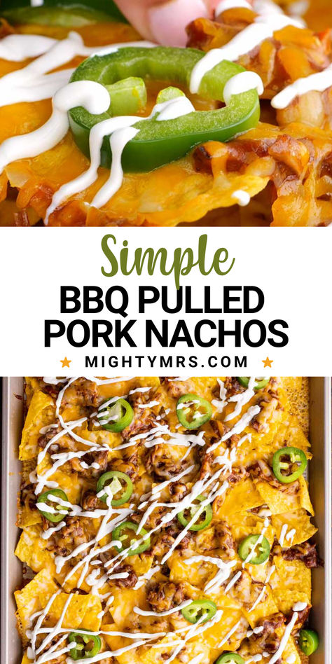 These simple BBQ Pulled Pork Nachos are going to be your go-to game day snack. They are quick and easy and simple, made with just 5 ingredients. The great thing about these BBQ pulled pork nachos is that they eat like a meal, so you can totally justify just makings these and skipping the full dinner production. Pulled Pork Nachos With Queso, Bbq Pork Nachos, Pulled Pork Appetizer Ideas, Pulled Pork Appetizer, Barbecue Sauce Recipe Easy, Pulled Pork Nachos, Pork Nachos, Dip Recipes Appetizers, Crockpot Pulled Pork