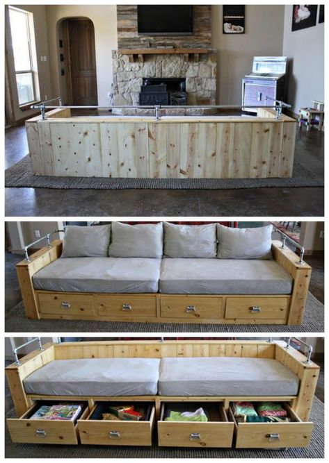 Build A Couch Diy Sofas, Diy Couch Storage, Couch Building Plans, Diy Sofa With Storage, Diy Living Room Couch, Diy Storage Couch, Build Your Own Couch, Diy Sectional, Diy Crib Mattress