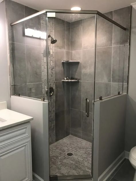 Standing Showers Bathroom, Corner Angled Shower Ideas, Corner Shower With Knee Wall, Corner Shower Tile Designs, Large Tile Corner Shower Ideas, Corner Shower For Small Bathrooms, Small Bathrooms With Corner Showers, Corner Shower With Half Wall, 45 Degree Angle Shower Door