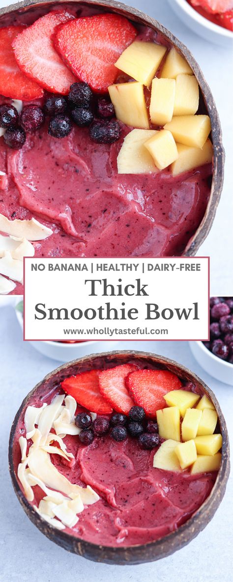 Learn how to make a thick smoothie bowl without using banana. This bowl is perfect as a healthy brekafast, snack or dessert. Thick, velvety and full of fruity nutrition. Smoothie Bowl No Banana, Smoothie Bowl Without Banana, No Banana Smoothie, Pitaya Bowl Recipe, Protien Shake Recipes, Thick Smoothie Bowl, Thick Smoothie, Pitaya Smoothie, Vegan Smoothie Bowl