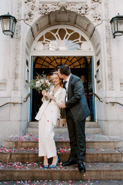 Bride In Suit Wedding, Self Portrait Wedding Dress, Town Hall Wedding Photography, London Civil Wedding, Town Hall Elopement, Wedding Town Hall, London Courthouse Wedding, London Town Hall Wedding, Islington Town Hall Wedding