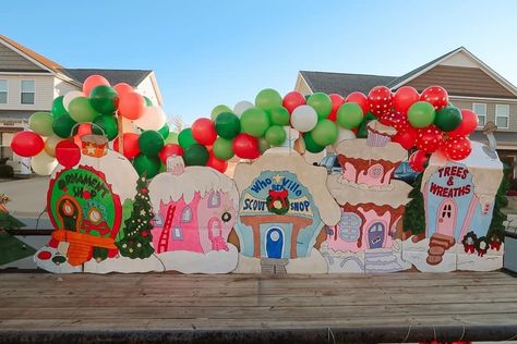 Whoville House Door Decoration, Whoville Christmas Parade Float Ideas, Whoville Photo Backdrop, Whoville Stage Design, Whoville Cardboard Village, Whoville Christmas Parade Float, Whoville Christmas Float, Charlie Brown Christmas Parade Float, Whoville Background