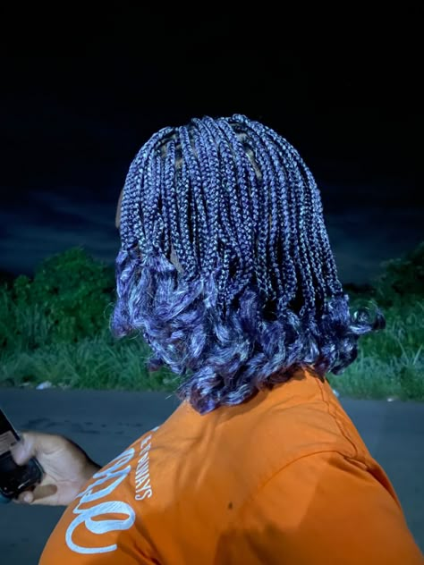 Blue Protective Styles, Blue And Black Braids With Curls, Lavender Box Braids, Blue And Purple Braids, Jellyfish Box Braids, Blue Braids For Black Women, Purple Braid Hairstyles For Black Women, Dark Blue Box Braids, Midnight Blue Box Braids