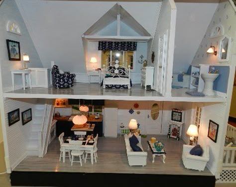 Beach House Dollhouse, Miniature Beach House Diy, Beachside Bungalow Dollhouse Interior, Beachside Bungalow Dollhouse, Craftsman Home Interiors, Beachside Bungalow, Craftsman Interiors, Bungalow Interior, Bungalow Interiors