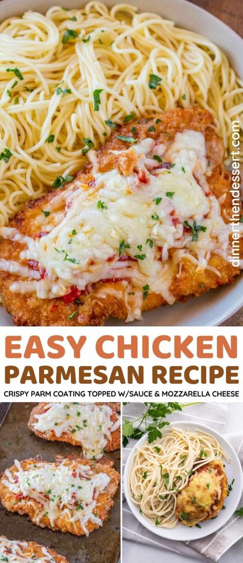 Easy Chicken Parmesan Recipe - Dinner, then Dessert Chicken Parmesan Recipe Easy, Dinner Then Dessert, Chicken Parmesan Recipe, Easy Chicken Parmesan, Parmesan Recipes, Baked Chicken Parmesan, Chicken Dishes Recipes, Marinara Sauce, Chicken Parmesan