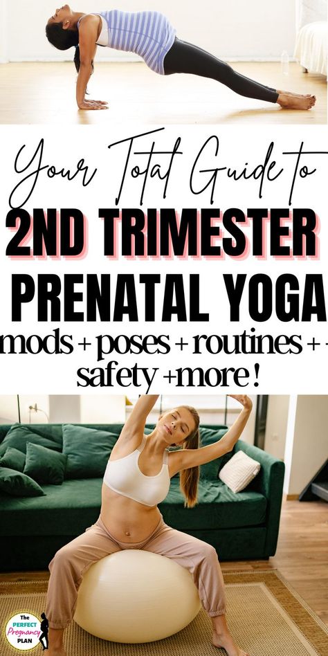 Everything you need to know about yoga for 2nd trimester pregnancy. Safety and modifications when practicing prenatal yoga 2nd trimester. The best yoga poses for pregnant women 2nd trimester of pregnancy and how to safely practice prenatal yoga through the second trimester. Second trimester pregnancy yoga exercises videos and the best asanas for your prenatal yoga workout. Prenatal Bedtime Yoga, Yoga For Pregnant Women Second Trimester, 2nd Trimester Exercises, Second Trimester Yoga Poses, Pre Natal Yoga, Prenatal Stretches 2nd Trimester, Workout For Pregnant Women 2nd Trimester, 2nd Trimester Yoga, Birthing Ball Exercises Second Trimester