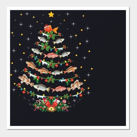 Fishing Christmas Tree, Kreativne Ideje, Pleco Fish, Fish Christmas, Whimsical Art Paintings, Christmas Tree Wall, Fishing Christmas, Christmas Poster, Diy Christmas Cards