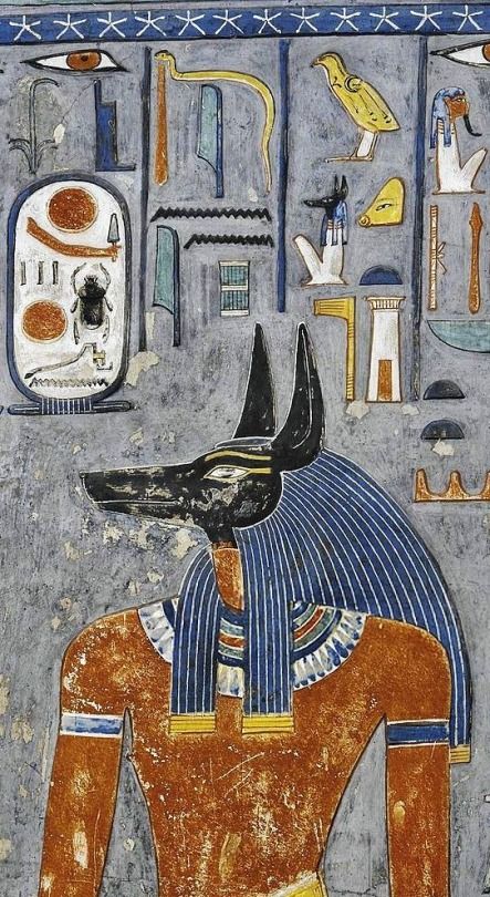 “Anubis Who presides over the God’s (Osiris’) Shrine” (Jnpw ḫnty sḥ-Nṯr)       Detail from the “House of Eternity” of King Horemheb, KV57, Valley of the Kings, west ‘Uaset’-Thebes Anubis Illustration, Starověký Egypt, Egypt Project, Egyptian Painting, Ancient Egyptian Artifacts, Hybrid Art, Egyptian Artifacts, Valley Of The Kings, Egyptian Symbols