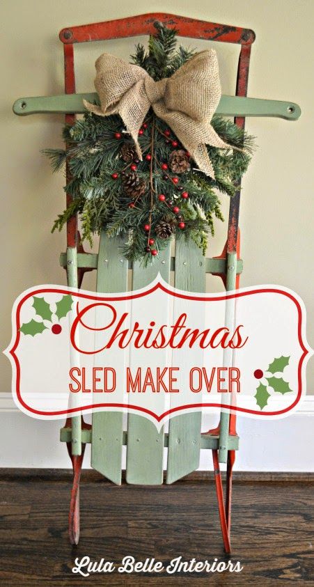 DIY Sled Decor: Turn your old sled into a beautiful, porch decoration just in time for the holidays!  Check out how Confessions of a Plate Addict adds charm to an already-owned piece! Christmas Sled Decoration, Christmas Chronicles, Sled Decor, Wooden Sled, Christmas Sled, Christmas Front Porch, Christmas Porch Decor, Christmas Sleigh, Christmas Porch