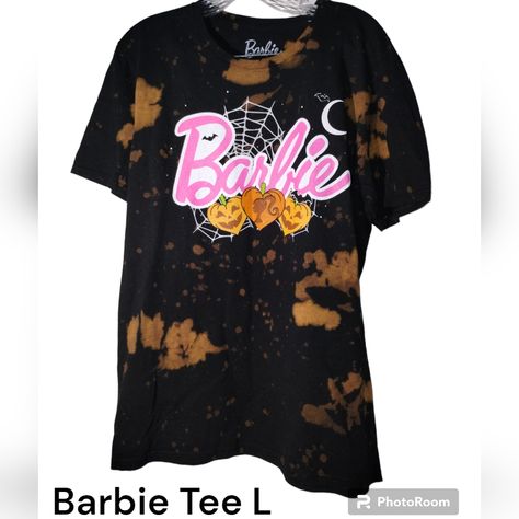 Barbie Halloween Tye Die Tshirt Size Large Color Black Brown New Without Tags Unworn Cute Pink Logo Graphic With 3 Carved Heart Shape Jack O Lanterns, Bats, Spider Webs, Crescent Moon And Stars Fun Friendly Halloween Theme 100% Cotton Official Licensed Merch By Mattel To C-Life Group 100% Cotton Measure Length 27 Underarm 19 Shoulder 18" Unisex For Women's L Sizes Up One To Fit Xl Short Sleeve #Barbie #Barbiecore #Halloween I Also Have Racing Barbie Tees And Malibu Barbie Corvette Tee In Closet. Barbie Tees, Barbie Corvette, Halloween Tie Dye, Jack O Lanterns, Barbie Halloween, Carved Heart, Life Group, Malibu Barbie, Spider Webs