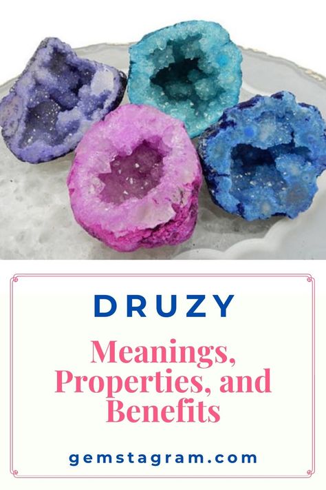 Druzy Meanings, Properties, and Benefits #crystalstones #healingstonesandcrystals #stonesandcrystals Druzy Crystals Meaning, Druzy Quartz Meaning, Druzy Agate Crystal Meaning, Druzy Agate Meaning, Crystals Meanings, Healing Rocks, Chalcedony Crystal, Quartz Rock, Gemstone Properties