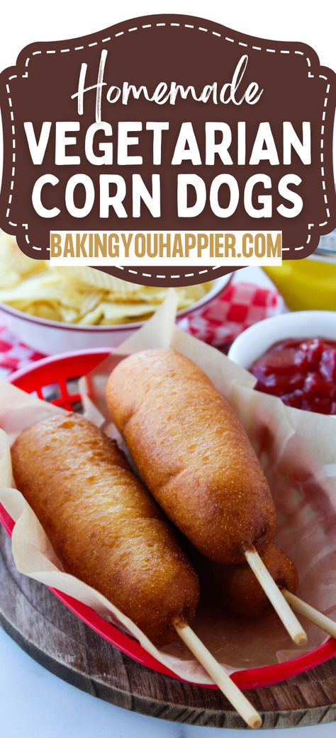 Homemade Vegetarian Corn Dogs, a store bought hot dog deep fried in homemade batter makes this easy recipe taste like fair food at home! Corn Dog Recipe, Corndog Recipe, Fair Food, Food At Home, Food Favorites, Corn Dogs, Fair Food Recipes, Vegetarian Recipes Easy, Vegetarian Recipes Dinner