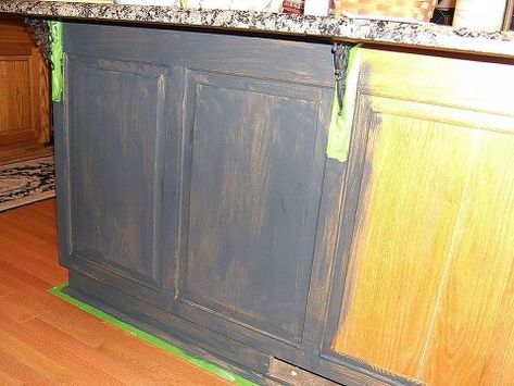 Oak Kitchen Island, Kitchen Island Black, Kitchen Cabinet Crown Molding, Faux Brick Backsplash, Painted Island, Black Feature Wall, Painting Oak Cabinets, Black Kitchen Island, Wood Island